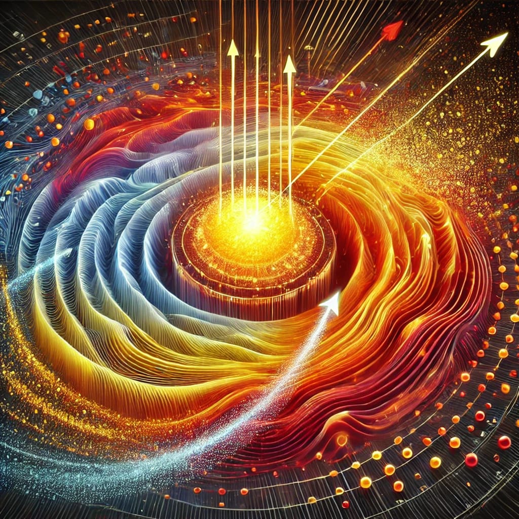 DALL·E 2024-09-29 19.40.12 - A detailed and dynamic illustration of thermal energy. The image shows a heat source, such as the sun or a fire, radiating energy. Surrounding the hea
