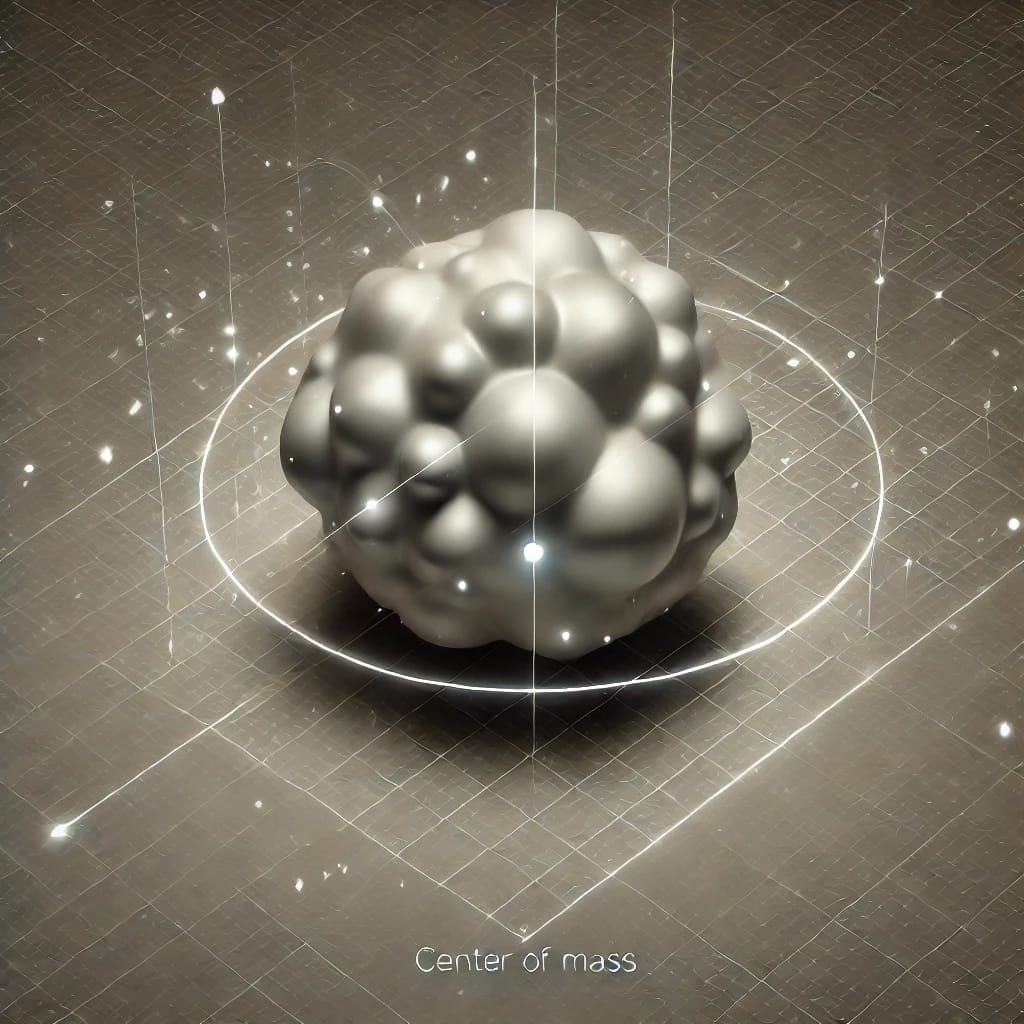 DALL·E 2024-09-16 06.13.38 - A scientific physics diagram illustrating the concept of center of mass. Depict a large, irregularly shaped 3D object floating in space. Use precise a
