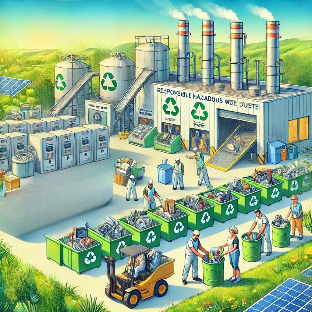 DALL·E 2024-11-18 09.19.34 - A detailed and vibrant illustration of responsible hazardous waste disposal. The scene shows a modern hazardous waste treatment facility with sections (1)