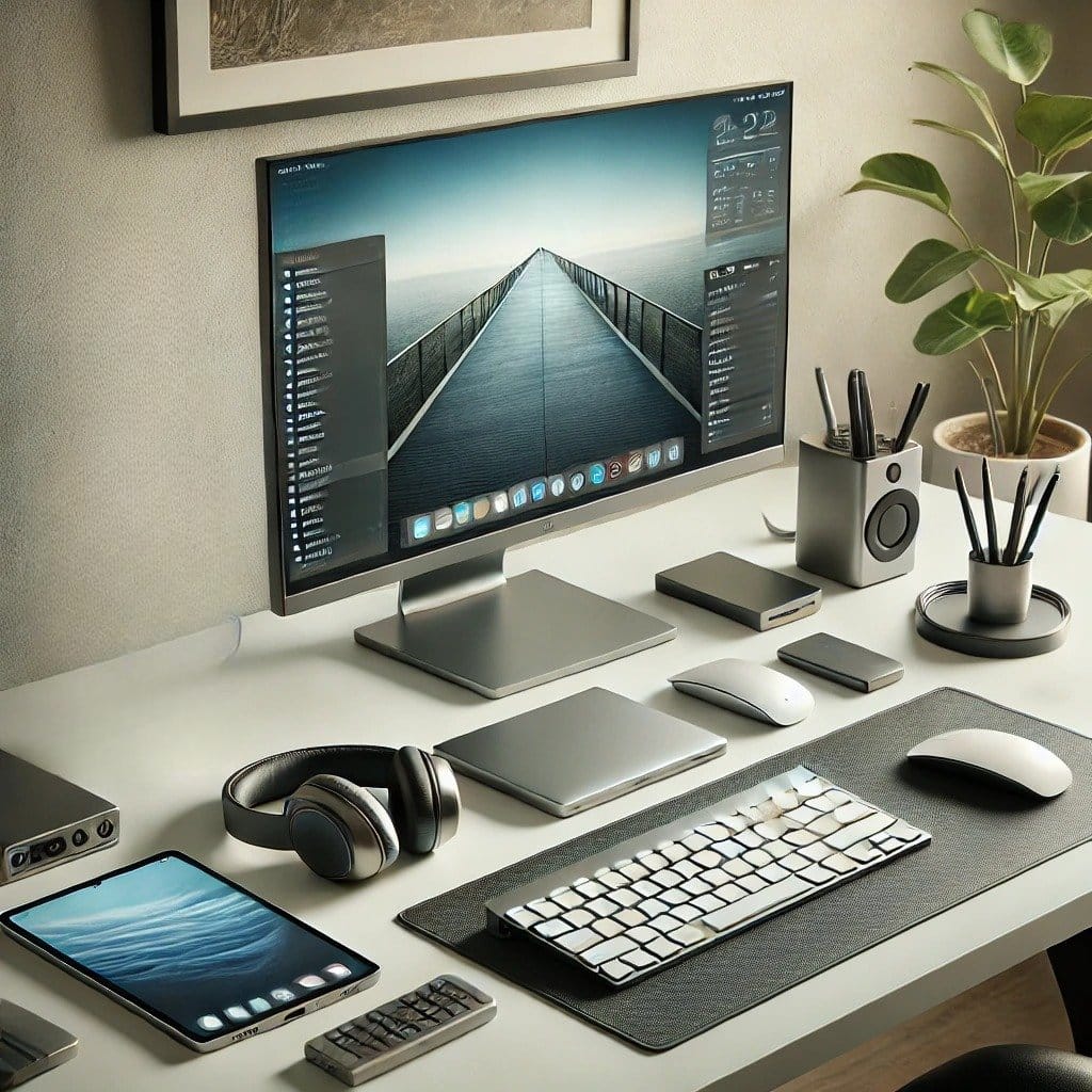 DALL·E 2024-12-05 10.49.16 - A clean and professional desktop setup featuring essential tech accessories such as a high-resolution monitor, a slim mechanical keyboard, an ergonomi