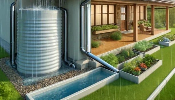 DALL·E-2024-11-06-11.23.07-A-detailed-and-realistic-illustration-of-a-rainwater-harvesting-system-at-home-from-a-different-angle.-The-image-shows-a-modern-house-with-rain-fallin-1024x585